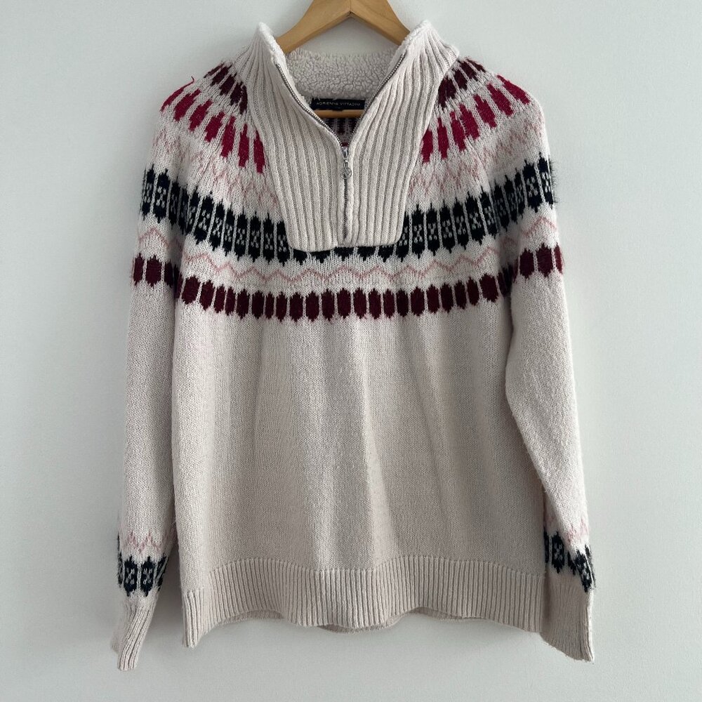 Adrienne Vittadini Sherpa Lined Fair Isle‎ Quarter Zip Sweater XL Cozy Knit